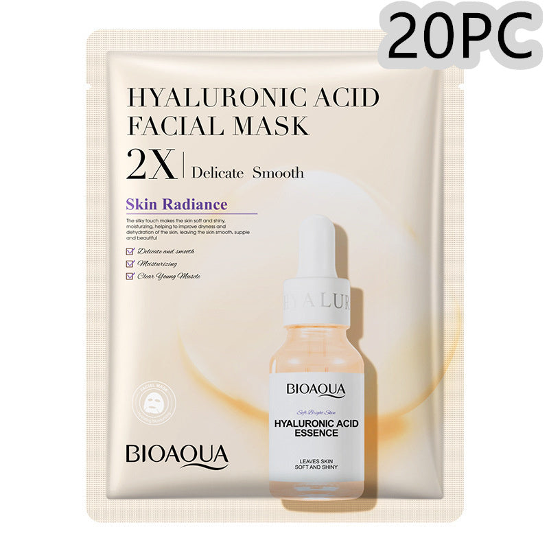 Bioaqua Hyaluronic Acid Facial Mask packaging with a bottle of essence on a white background