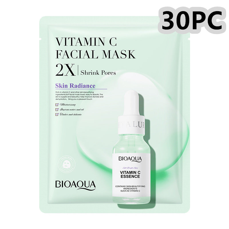 Vitamin C facial mask packaging with a serum bottle labeled 'Bioaqua' on a light green background.