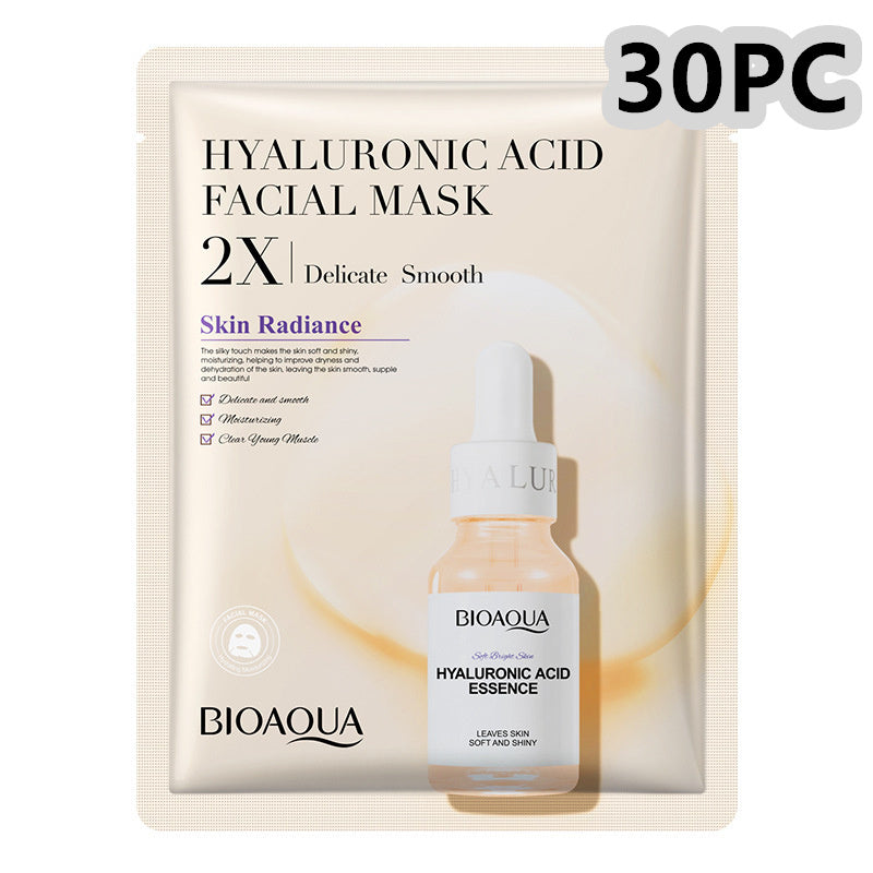 Bioaqua Hyaluronic Acid Facial Mask packaging with a bottle of essence on a white background