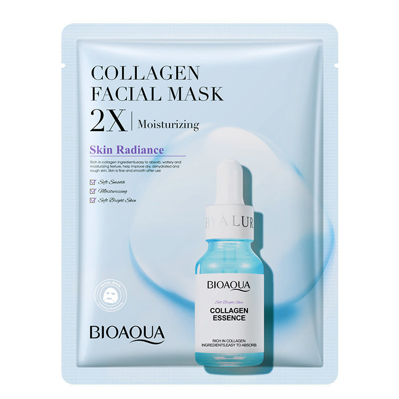 Collagen facial mask packaging with Bioaqua collagen essence bottle on a light blue background